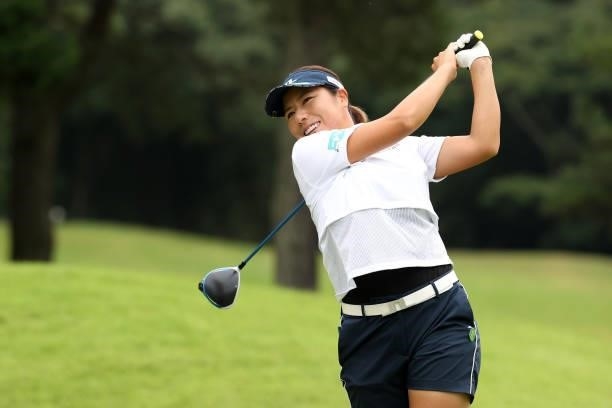Eri Okayama of Japan hits her tee shot on the 11th hole during the final round of the JLPGA Championship Konica Minolta Cup at Shizu Hills Country...