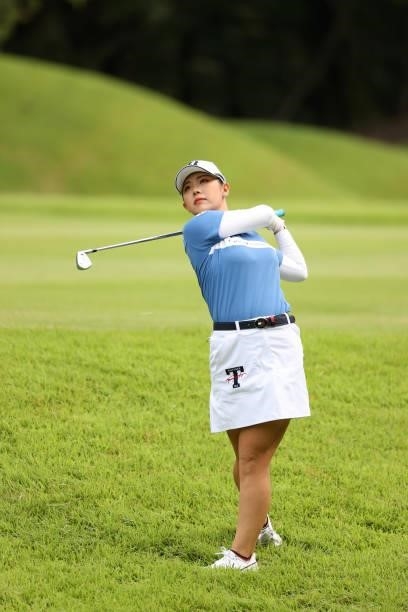 Yuri Yoshida of Japan hits her second shot on the 11th hole during the final round of the JLPGA Championship Konica Minolta Cup at Shizu Hills...