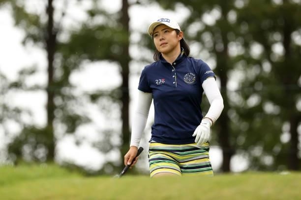 Rie Tsuji of Japan is seen before her tee shot on the 3rd hole during the final round of the JLPGA Championship Konica Minolta Cup at Shizu Hills...