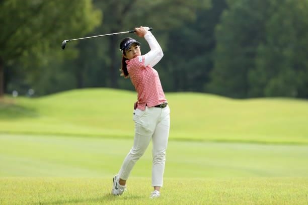 Sumika Nakasone of Japan hits her second shot on the 3rd hole during the final round of the JLPGA Championship Konica Minolta Cup at Shizu Hills...