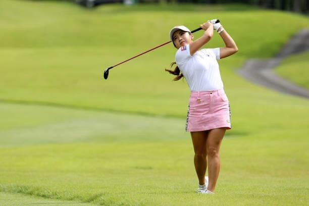 Bo-mee Lee of South Korea hits her second shot on the 3rd hole during the final round of the JLPGA Championship Konica Minolta Cup at Shizu Hills...