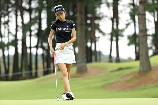 Yuka Yasuda of Japan lines up a putt on the 3rd green during the final round of the JLPGA Championship Konica Minolta Cup at Shizu Hills Country Club...