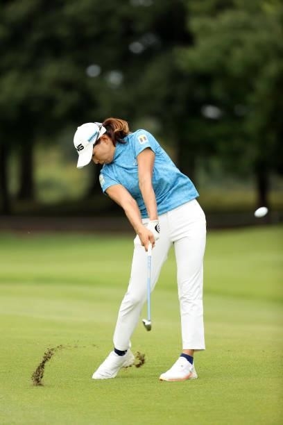 Hinako Shibuno of Japan hits her second shot on the 5th hole during the final round of the JLPGA Championship Konica Minolta Cup at Shizu Hills...