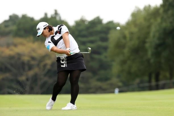 Ai Suzuki of Japan hits her second shot on the 5th hole during the final round of the JLPGA Championship Konica Minolta Cup at Shizu Hills Country...