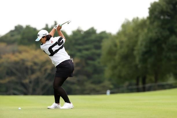 Ai Suzuki of Japan hits her second shot on the 5th hole during the final round of the JLPGA Championship Konica Minolta Cup at Shizu Hills Country...