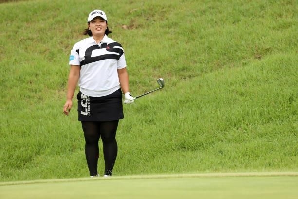 Ai Suzuki of Japan reacts after her approach on the 5th hole during the final round of the JLPGA Championship Konica Minolta Cup at Shizu Hills...