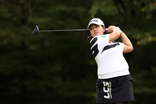 Ai Suzuki of Japan swings before her tee shot on the 6th hole during the final round of the JLPGA Championship Konica Minolta Cup at Shizu Hills...