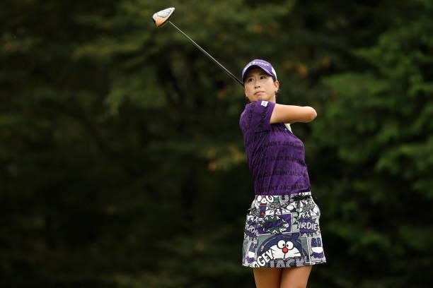 Megumi Kido of Japan hits her tee shot on the 6th hole during the final round of the JLPGA Championship Konica Minolta Cup at Shizu Hills Country...