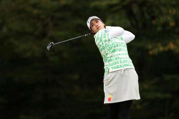 Mayu Hamada of Japan hits her tee shot on the 6th hole during the final round of the JLPGA Championship Konica Minolta Cup at Shizu Hills Country...
