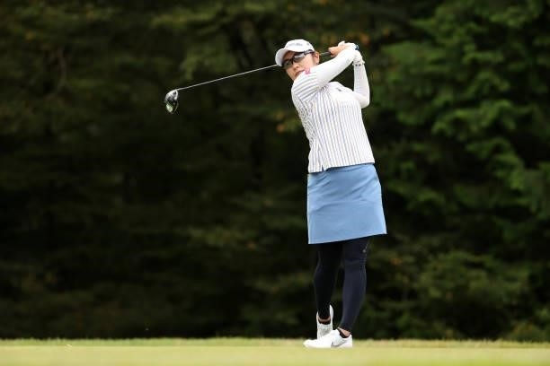Saiki Fujita of Japan hits her tee shot on the 6th hole during the final round of the JLPGA Championship Konica Minolta Cup at Shizu Hills Country...