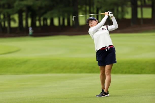 Minami Katsu of Japan hits her second shot on the 6th hole during the final round of the JLPGA Championship Konica Minolta Cup at Shizu Hills Country...