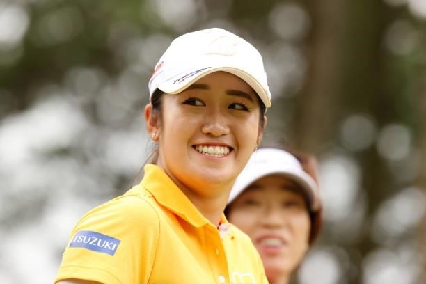 Mone Inami of Japan smiles on the 7th hole during the final round of the JLPGA Championship Konica Minolta Cup at Shizu Hills Country Club on...