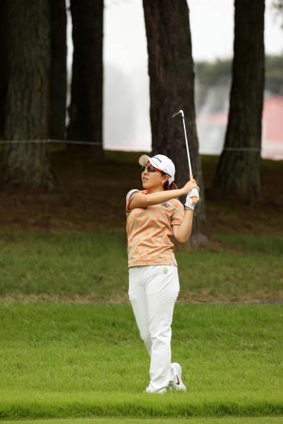 Mika Miyazato of Japan hits her third shot on the 1st hole during the final round of the JLPGA Championship Konica Minolta Cup at Shizu Hills Country...