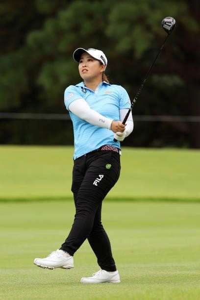 Mao Saigo of Japan reacts after her second shot on the 9th hole during the final round of the JLPGA Championship Konica Minolta Cup at Shizu Hills...