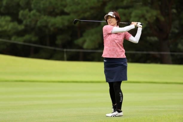 Shiho Oyama of Japan hits her second shot on the 9th hole during the final round of the JLPGA Championship Konica Minolta Cup at Shizu Hills Country...
