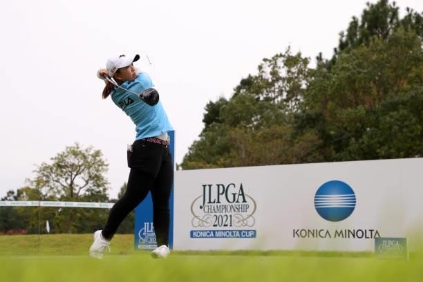 Mao Saigo of Japan hits her tee shot on the 10th hole during the final round of the JLPGA Championship Konica Minolta Cup at Shizu Hills Country Club...