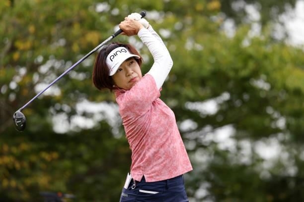 Shiho Oyama of Japan hits her tee shot on the 12th hole during the final round of the JLPGA Championship Konica Minolta Cup at Shizu Hills Country...