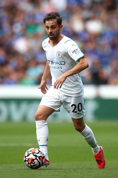 Bernardo Silva of Manchester City in action during the Premier League match between Leicester City and Manchester City at The King Power Stadium on...