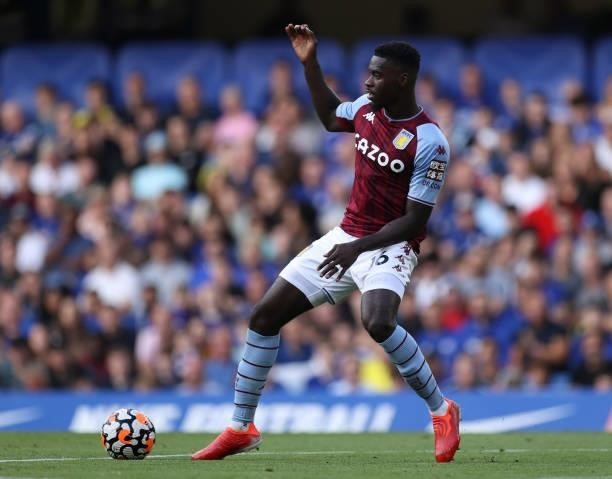 Alex Tuanzebe of Aston Villa during the Premier League match between Chelsea and Aston Villa at Stamford Bridge on September 11, 2021 in London,...