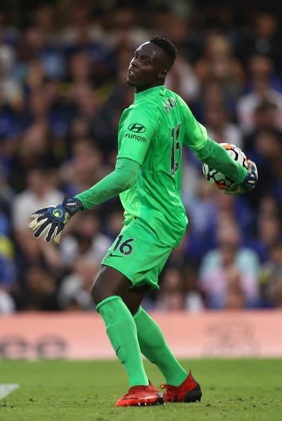 Goalkeeper Edouard Mendy of Chelsea during the Premier League match between Chelsea and Aston Villa at Stamford Bridge on September 11, 2021 in...