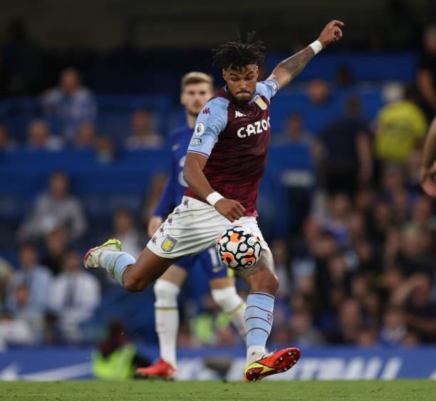 Tyrone Mings of Aston Villa during the Premier League match between Chelsea and Aston Villa at Stamford Bridge on September 11, 2021 in London,...