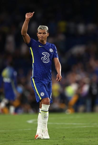 Thiago Silva of Chelsea salutes the fans after the Premier League match between Chelsea and Aston Villa at Stamford Bridge on September 11, 2021 in...