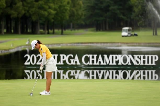 Mone Inami of Japan holes the winning putt on the 18th green during the final round of the JLPGA Championship Konica Minolta Cup at Shizu Hills...