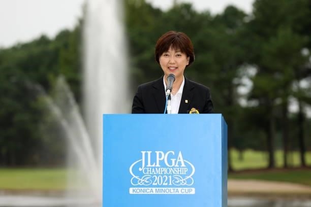 President Hiromi Kobayashi addresses at the award ceremony following the final round of the JLPGA Championship Konica Minolta Cup at Shizu Hills...