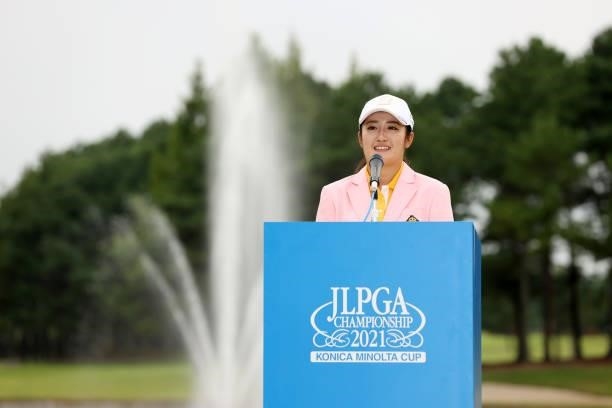 Winner Mone Inami of Japan addresses at the award ceremony following the final round of the JLPGA Championship Konica Minolta Cup at Shizu Hills...