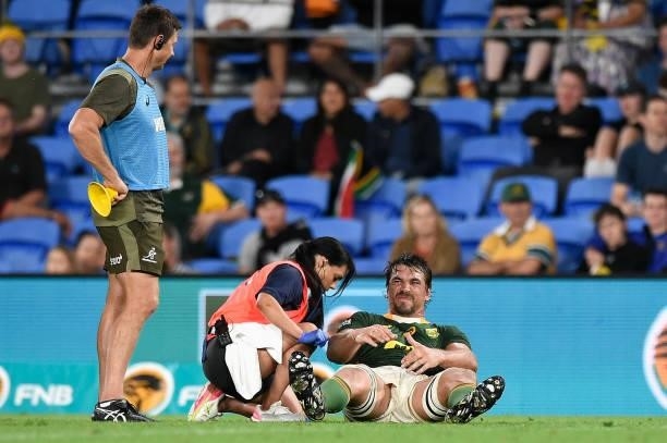 Eben Etzebeth of the Springboks receives attention during the Rugby Championship match between the South Africa Springboks and the Australian...