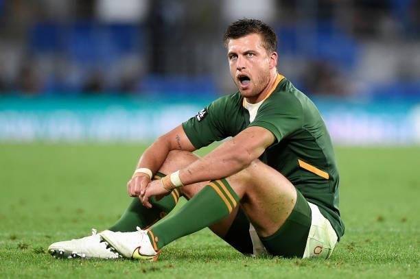 Handré Pollard of the Springboks looks on during the Rugby Championship match between the South Africa Springboks and the Australian Wallabies at...
