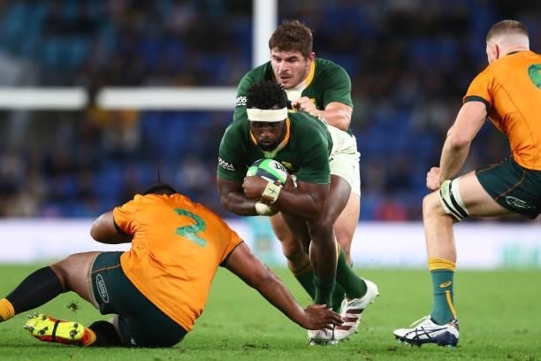 Siya Kolisi of South Africa charges forward during the Rugby Championship match between the South Africa Springboks and the Australian Wallabies at...