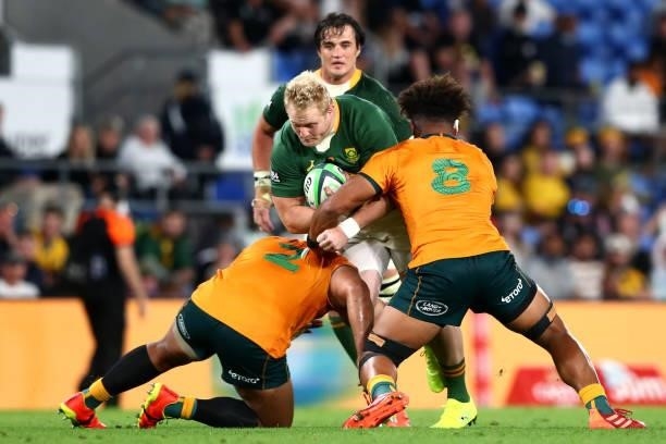 Vincent Koch of South Africa charges forward during the Rugby Championship match between the South Africa Springboks and the Australian Wallabies at...