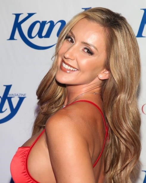 Model Amanda Paris attends the Kandy Magazine's 10 Year Anniversary: Red, White & Blue Celebration at HEAT Ultra Lounge on September 11, 2021 in...