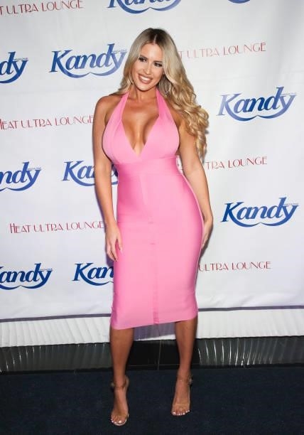 Model Maddie Moore attends the Kandy Magazine's 10 Year Anniversary: Red, White & Blue Celebration at HEAT Ultra Lounge on September 11, 2021 in...