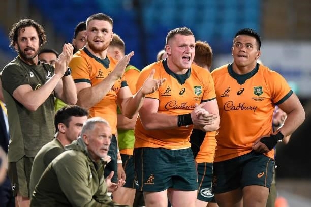 Angus Bell of the Wallabies and team mates cheers from the Australian bench during the Rugby Championship match between the South Africa Springboks...