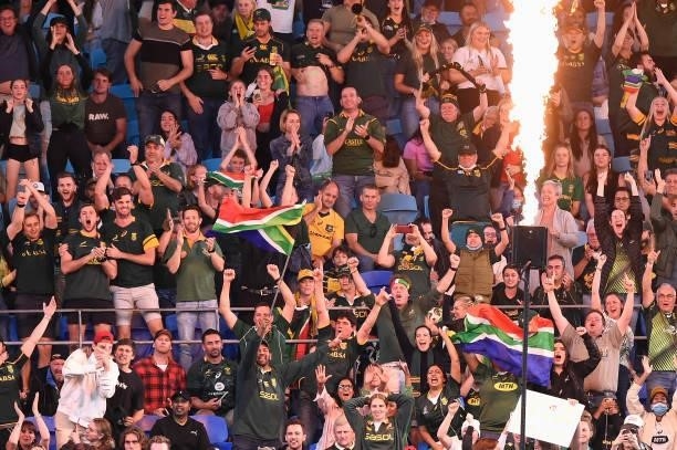 Springboks fans celebrate during the Rugby Championship match between the South Africa Springboks and the Australian Wallabies at Cbus Super Stadium...