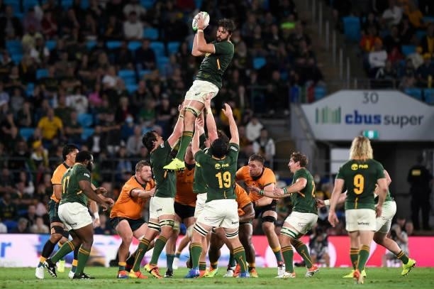 Lood de Jager of the Springboks takes a lineout ball during the Rugby Championship match between the South Africa Springboks and the Australian...