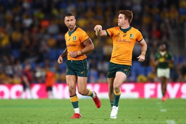 Quade Cooper and Andrew Kellaway of the Wallabies during the Rugby Championship match between the South Africa Springboks and the Australian...