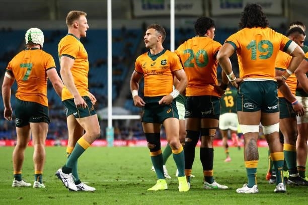 Nic White of the Wallabies looks on after Malcolm Marx of South Africa scored a try during the Rugby Championship match between the South Africa...