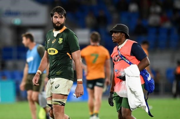 Lood de Jager of the Springboks leaves the field for an HIA during the Rugby Championship match between the South Africa Springboks and the...