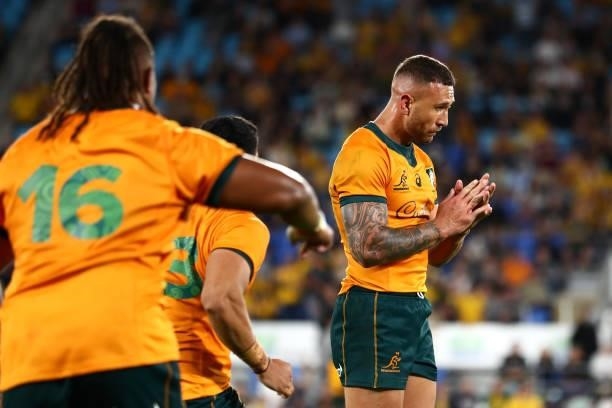 The Wallabies celebrate after Quade Cooper of the Wallabies kicked a winning penalty to win the Rugby Championship match between the South Africa...