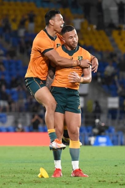 Quade Cooper of the Wallabies reacts after kicking the winning penalty goal during the Rugby Championship match between the South Africa Springboks...
