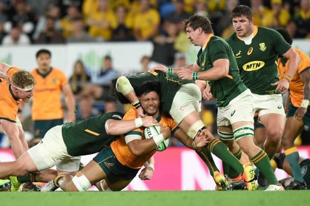 Rob Leota of the Wallabies is tackled during the Rugby Championship match between the South Africa Springboks and the Australian Wallabies at Cbus...
