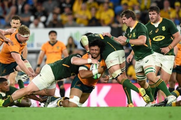 Rob Leota of the Wallabies is tackled during the Rugby Championship match between the South Africa Springboks and the Australian Wallabies at Cbus...