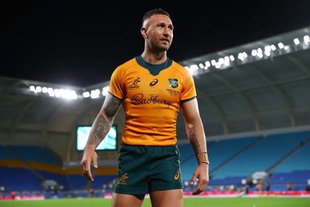 Quade Cooper of the Wallabies celebrates winning the Rugby Championship match between the South Africa Springboks and the Australian Wallabies at...