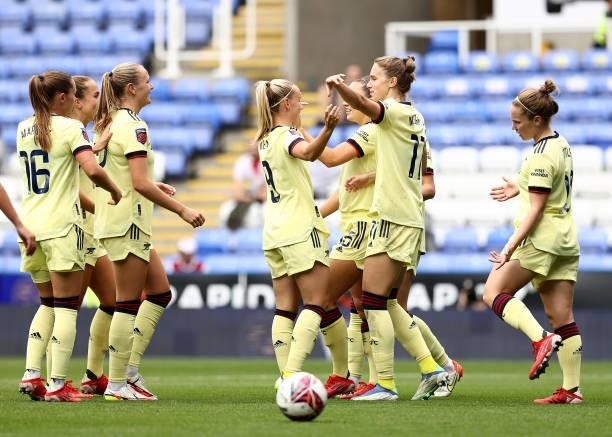 Vivianne Miedema of Arsenal celebrates with team mates after scoring their side's fourth goal during the Barclays FA Women's Super League match...