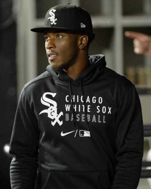 Tim Anderson of the Chicago White Sox looks on against the Boston Red Sox on September 10, 2021 at Guaranteed Rate Field in Chicago, Illinois. The...
