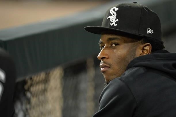 Tim Anderson of the Chicago White Sox looks on against the Boston Red Sox on September 10, 2021 at Guaranteed Rate Field in Chicago, Illinois. The...