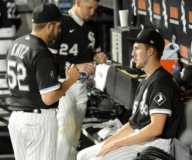 Pitching Coach Ethan Katz speaks to Garrett Crochet of the Chicago White Sox during the game against the Boston Red Sox on September 10, 2021 at...
